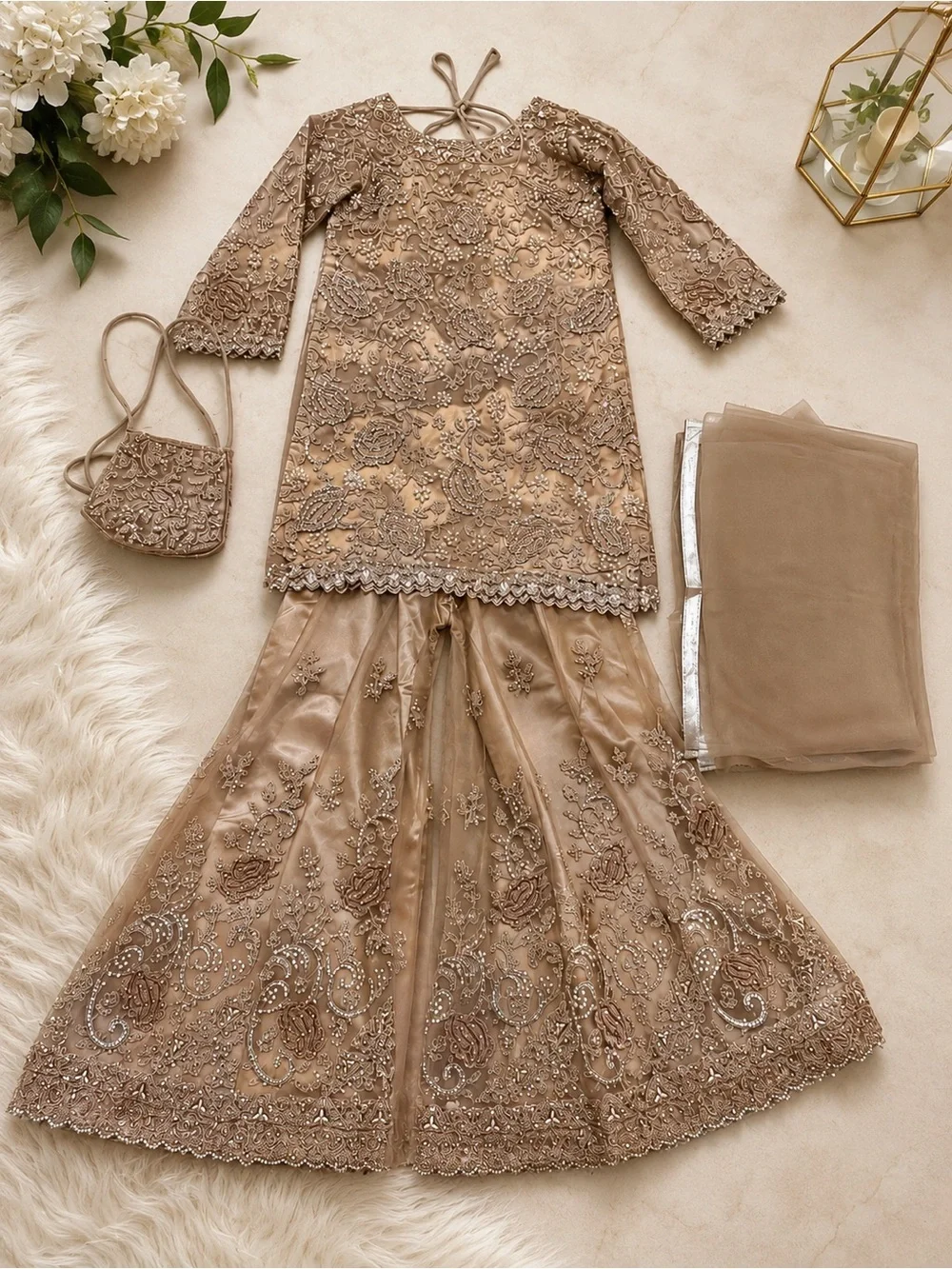 Embroidered Taupe Sharara Set with Sequin Accents